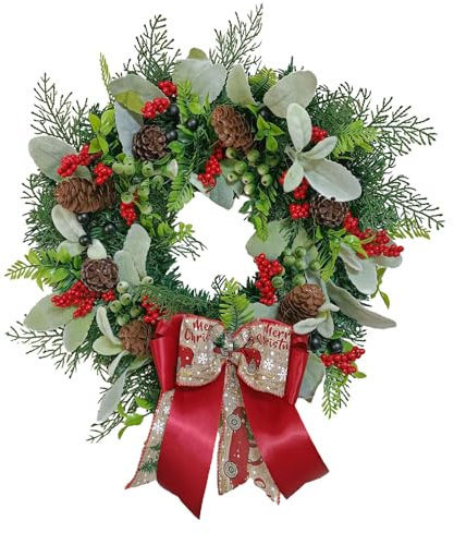 CULASIGN Weihnachtskranz für Tür, Weihnachten Türkranz mit Tannenzapfen, Schleife und Beeren, Adventskranz Dekokranz Weihnachtsdeko für Tür Wand Haus Tisch Fenster (30CM)