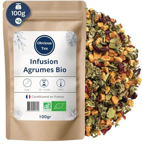Infusion Agrumes Bio - Infusion Vegan aux Fruits, en Vrac, 100% Naturel, Sans OGM - Agriculture Biologique - Conditionné en Française - Sachet 100 gr (50 Tasses)