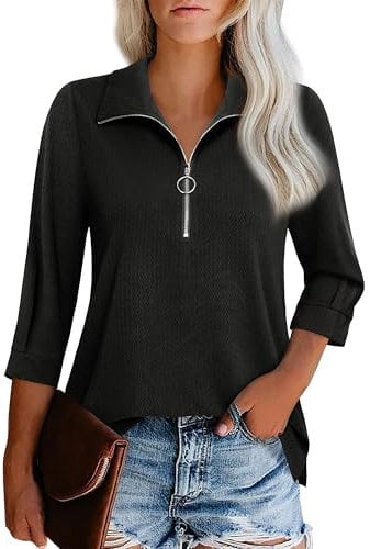 Cuptacc Blusen & Tuniken für Damen 3/4-Ärmel Business V-Ausschnitt Shirt Damen Mit Reißverschluss Sommer Schwarz Mittel M 38-40