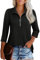 Cuptacc Blusen & Tuniken für Damen 3/4-Ärmel Business V-Ausschnitt Shirt Damen Mit Reißverschluss Sommer Schwarz Mittel M 38-40