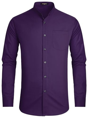 HISDERN Mens Shirts Long Sleeve Purple Dress Shirts for Men Adult Collarless Shirt Men Casual Business Shirt with Pockets XXXL