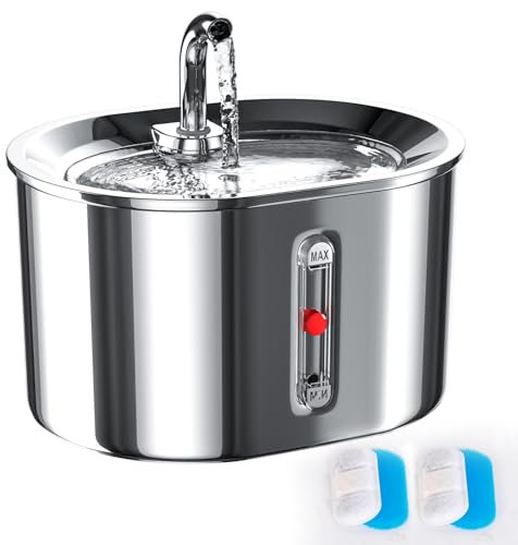 Joric Cat Water Fountain for Drinking,2.5L/85oz Stainless Steel Automatic Cat Water Fountain, with Water Level Ultra Silent,Suitable for Multiple Pets, 2 Packs Filter Replacement