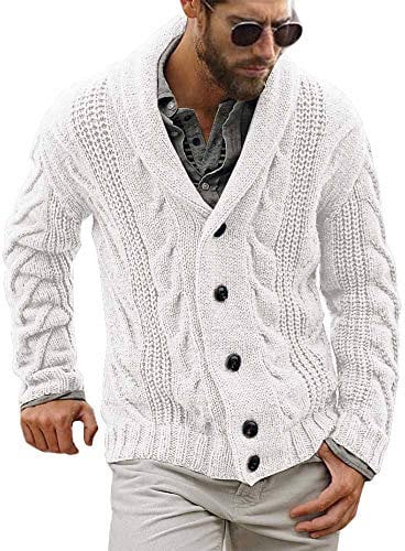 Runcati Mens Cardigan Chunky Knitted Jacket Long Sleeve Cable Knit Cardigan Casual Shawl Collar Buttoned Knitwear Overcoat Winter Outerwear, White, L