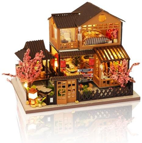 Cuteefun Maquette Maison Miniature pour Adulte à Construire 1:36, Mini Maison de Poupée avec LED, Artisanat en Bois et Adolescents à Construire, Anniversaire, Cadeau de Noël (Cour des Cerisiers)
