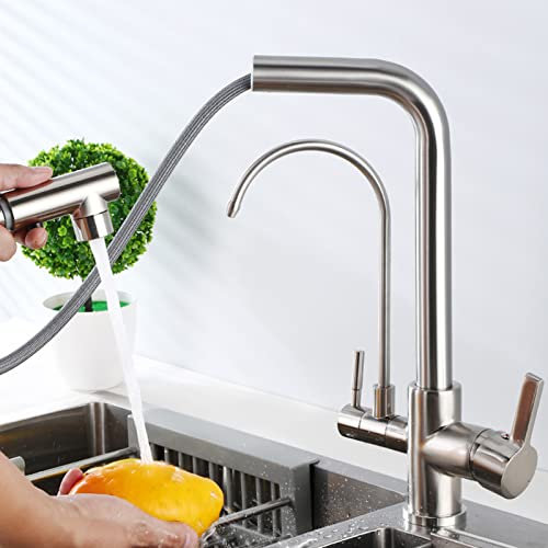 3-Wege-Küchenarmatur aus Messing mit herausziehbarer Brause, Multifunktions-Küchenwasserreiniger-Wasserhahn, gebürstetes C