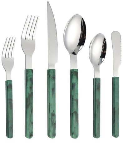 Royal Shang Youpin Retro Stile Cinese PP Maniglia Da Cucina in Acciaio Inox Argenteria Da Tavola Posate Set Di Posate Coltello Da Bistecca Forchetta Cucchiaio Cucchiaino (Verde scuro,6 pezzi)