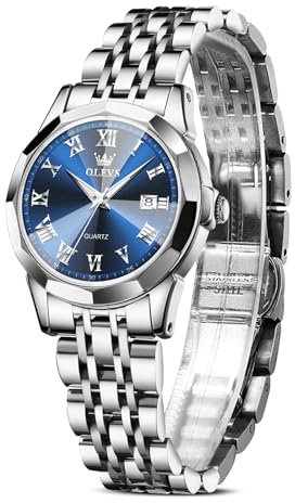 OLEVS Uhr Damen Silber Edelstahlband Analoger Quarz Damenuhr Klassisches Luxus Blau Kleines Gesicht Römische Ziffern Diamanten Uhr Damen Leuchtend Wasserdicht mit Datum Watches for Women