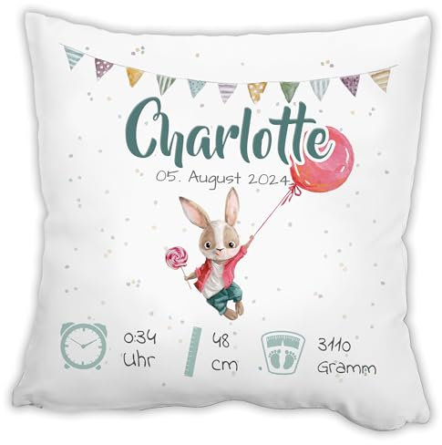 Personalisiertes Kissen zur Geburt | HASE | 40x40 cm mit Name, Datum, Gewicht und Uhrzeit, Geschenkidee für Baby erster Geburtstag, Taufe Kinderzimmerdeko Geburtsgeschenk für Mädchen oder Junge