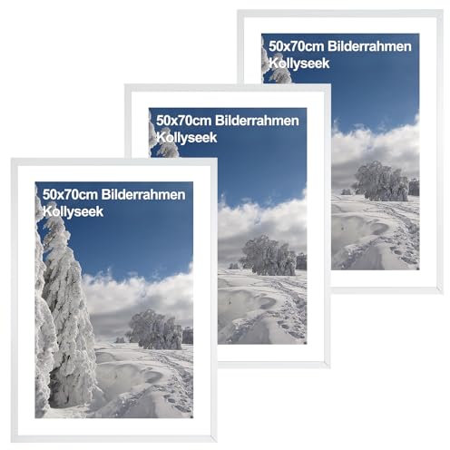 kollyseek 3er Set Bilderrahmen 50x70 cm, aus MDF und Acrylglas Weiße Bilderrahmen Holzbilderrahmen zum Aufhängen und Ausstellen, Wohnzimmer stehend und hängend, weißer Dekorationsrahmen