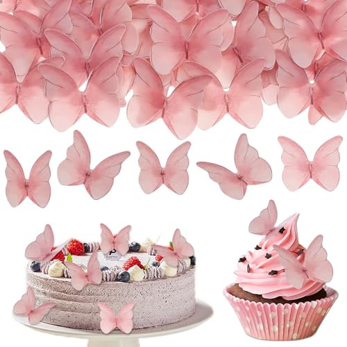 48 Stück Essbare Schmetterlinge für Torte, Tortendeko Essbare, Schmetterlinge Für Torte, Rosa Schmetterlinge Tortendeko Schmetterling Kuchen Deko Geburtstag Torte für Hochzeit Kuchen Deko(Rosa)