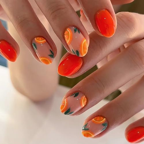 Ceboic 24 Pièces Oval Français Faux Ongles Court, Couverture Complète Press on Nails Orange Ballerine Ongles à Coller Acrylique Faux Ongles Artificiels Ongles à Presser pour Femmes et Filles