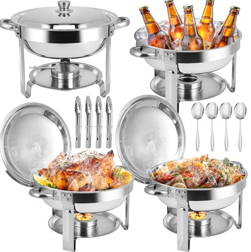 Set di 4 scaldavivande per buffet, in acciaio inox, con coperchio, scaldavivande rotondi e scaldavivande per matrimoni, eventi, banchetti