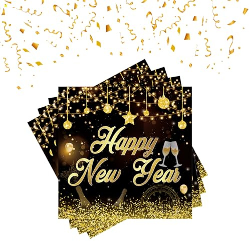 20 Stück Silvester Deko 2026,Happy New Year Papierservietten Tischdeko,Schwarz Gold Servietten für Neujahr Party Decoration,Tischdekoration Set,Geburtstag Tischdekorationen,Geschirrset Papier(33x33cm)