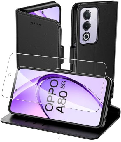 Aiziki Custodia per Oppo A80 5G +1 Vetro Temperato, Copertura Protettiva in Pelle PU Premium, Pieghevole, Aspirazione Magnetica, Prevenzione Delle Cadute, Carta Fessura - Nero