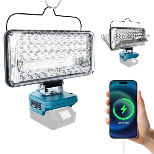 Akku Lampe für Makita 18V, 90W 7500LM LED Arbeitsleuchte, 120° Einstellbar Tragbares LED Strahler mit USB A & Type-C 2 Ladeanschlüssen, für Autoreparatur, Baustelle, Camping (Kein Akku) (7 Zoll)