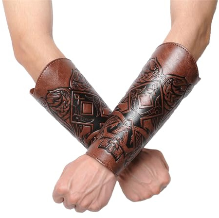 Cexiakong Mittelalterliche Leder Armschienen für Herren geprägtes Schwert Wikinger Lederarmarmschutz Armschutz Armband Handschuhe Outfite Zubehör 1 Paar