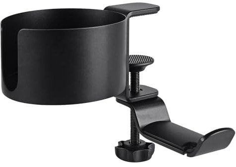 2 in 1 Metal Clip-on Desk Cup Holder Under Desk Headphone Stand 360 Degree Rotation Desktop Water Cup Storage (Black)