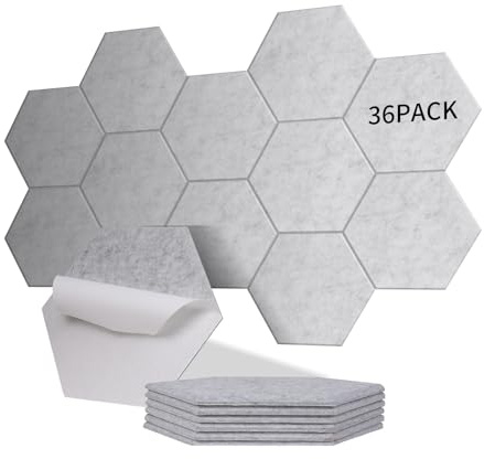 36 Stück Hexagon Akustikplatten Selbstklebend Grau, Abdeckung 2.11㎡ | Schallschutz & Schalldämmung für Wände & Türe–230kg/m³,NRC 0.95,100% Polyester, Akustik Schaumstoffplatten für Deko