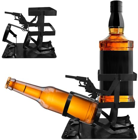 Skull Coke and Wine Bottle Stand - Steampunk Metal Holder for Cola, Whisky & Beer Bottles - Gothic Home Bar Decor with Industrial Edge - Edgy Gift for Men & Collectors, Halloween Decorations (Black)