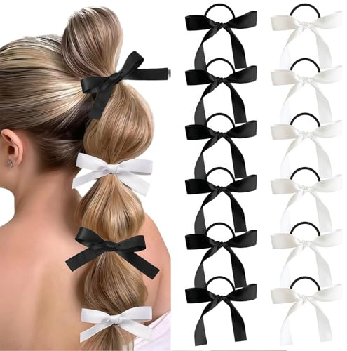 AstraGlam 12 Stück Satin Haarschleife für Mädchen, Französische Schleifen Haar Accessoires für Bubble Braids, Schwarz Weiß Haargummis Ohne Haarschäden, Elastische Haarbänder für Damen Mädchen