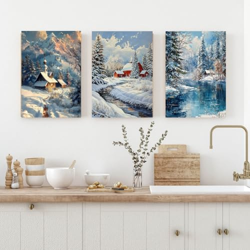 Xiyocadt 3-teiliges Poster Set Leinwandbild der Winter-Schneelandschaft,Weihnachts-Poster Set, Holzhaus, Wald Wandkunst Wandbilder,für Wohnzimmer Esszimmer Galerie,Ohne Rahmen (50x70cm)
