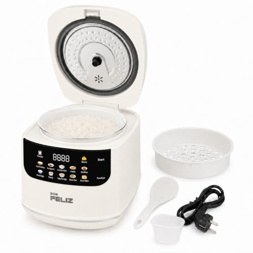 Don Feliz Arrocera Eléctrica 2 L para 1-4 Personas, Olla Arrocera Digital con 10 Programas, Cesta Vaporera, Temporizador 24 h, Mantener Caliente y Recipiente Antiadherente