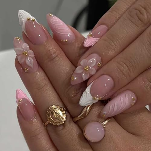 3D Pink Press On Nails Almond - Medium French Tip False Nails - 24Pcs Pink Stick On Nails With Embossed Flower&Gold Bead Designs, Glossy Finish Reusable Fake Nail Kit For Women Manicure