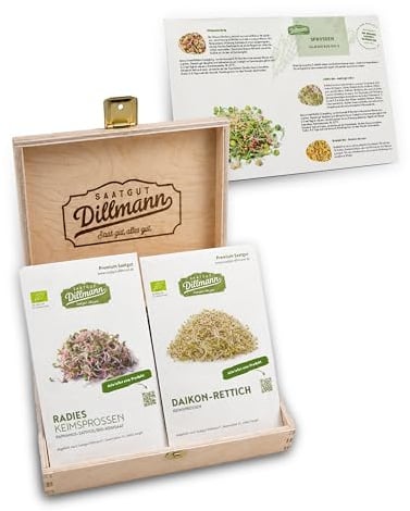 SAATGUT DILLMANN Sprossenbox S Bio Samen Set – 7 Sorten | Sprossensamen einzeln verpackt, Holzbox, inkl. Anleitung & Anzuchtempfehlung, Ideal für Sprossengläser