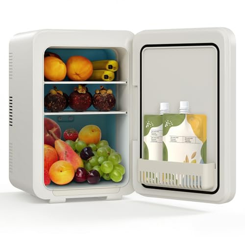YOURLITE Mini Frigo de Chambre 10L,Mini Réfrigérateur,Silencieux,Beige | Fonction Chaud Froid,Étagères Réglables,Pour Cosmétique,Nourriture,Boissons,Bureau,Voiture,AC/DC 12V 240V