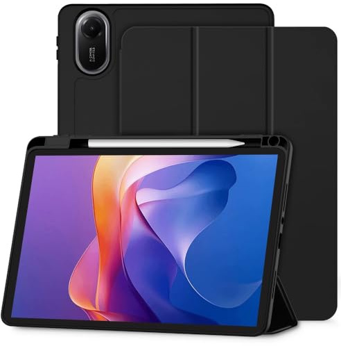 Techsuit für Xiaomi Redmi Pad 2 Hülle mit Stifthalter, Dreifach Faltbarer Ständer, Schlankes Design, Anti Fingerabdruck, Präzise Aussparungen, Flex Trifold Series, Schwarz