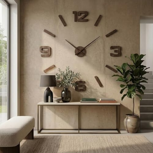 FLEXISTYLE 3D Wanduhren DIY Holz Eiche/Schwarz große 100-130CM (Dicke 20MM!) Wandtattoo Dekoration Uhren für Büro Wohnzimmer Schlafzimmer Dekoartikel Quarzuhr (Braun)