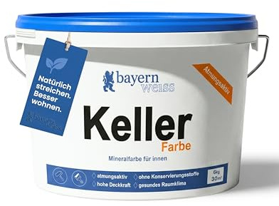 Bayernweiß Kellerfarbe I Silikatfarbe Innen mit 6 kg für ca. 30 m² I Weiße Wandfarbe speziell für Kellerräume I Dampfdurchlässige Farbe für den Keller I Pflegeleicht & mit hoher Deckkraft