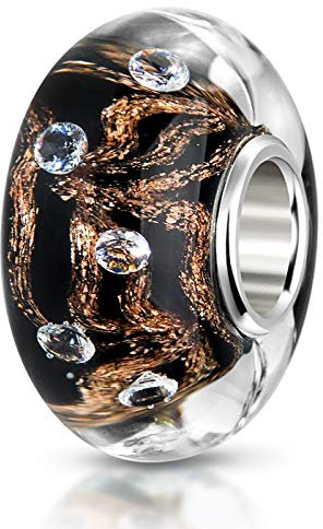 MATERIA by Matthias Wagner Glas Bead schwarz mit goldenen Glitzerfäden - Glasperle Glitzer mit Zirkonia Steinen #66