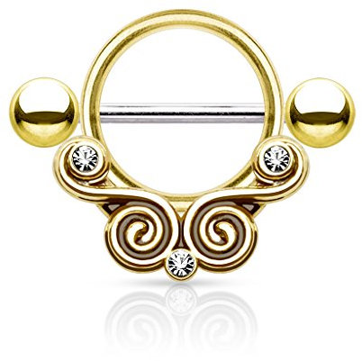 Piercingfaktor Brustpiercing Brust Nippel Intimpiercing Schild Tribal mit Kristallen - Gold