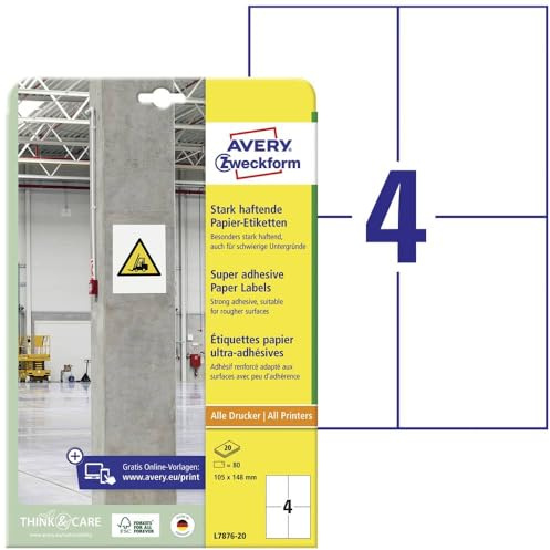 AVERY Zweckform 80 Strong Adhesive Labels, 105 x 148 mm, White, Extra Strong Self-Adhesive, Printable