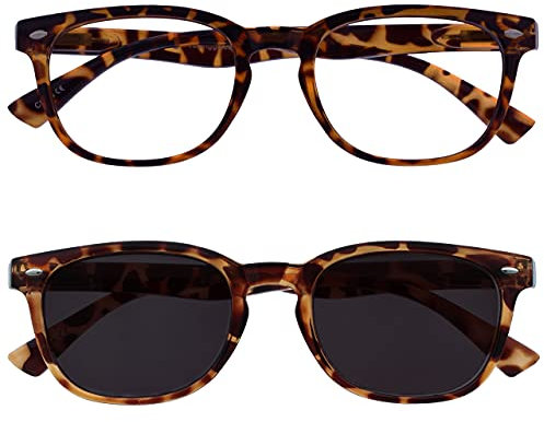 OPULIZE ORA Reading Glasses for Men Women With Reading Sunglasses - 2 Pack - Designer Style Round Frame - Tinted UV400 Protection Lens - Spring Hinges - Brown Tortoiseshell +2.50