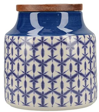 MIKASA Drift Ceramic Storage Canister for Tea, Coffee or Sugar, Hand Decorated Blue Batik Design, Wooden Lid, 12.5cmx12cm, 900ml