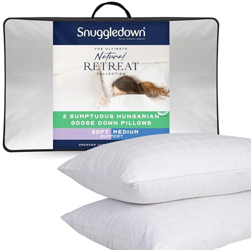 Snuggledown Hungarian Goose Down Pillows 2 Pack - 80:20 Ethically Sourced Fill for Front & Back Sleepers | Luxury Sateen Cotton Cover, UK‑Made, Non-Allergenic & Washable (48 × 74 cm)