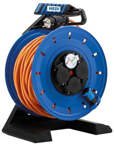 HEDI K740QTF Vollkunststoff Kabeltrommel „Generation 7“ | 40 m Kabellänge | HEDI Panzerkabel Plus | Diagnosesystem DiagS und Thermoschutzschalter | Geeignet für Bau- und Montagestellen