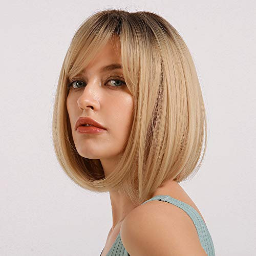 HAIRCUBE Kurze Charmante Bob mit Bangs Perücken für Frau Natur Hitzebeständige Synthetische Faser Party/Cosplay/Kostüm/Tägliche Perücke (Schwarze Wurzel mit blonden)