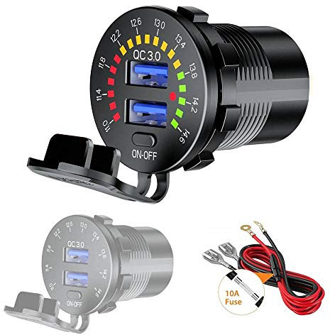 Thlevel Toma USB Cargador Coche 12V 24V Dual QC3.0 Carga Rápido Impermeable con Interruptor y Voltímetro LED Indicador para Coches Motos Camiones Barcos
