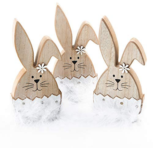 Logbuch-Verlag 3 kleine Osterhasen Hasen Figuren 19 cm Deko Ostern Geschenk weiß mit Federn aus Holz Geschenkidee