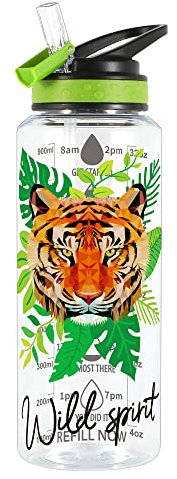 Home Tune Trinkflasche für Kinder - Tritan BPA-frei, mit weitem Mund, Flip Stroh Deckel mit auslaufsicherem Deckel, federleichte, auslaufsichere Wasserflasche mit Foliendruck 945ml – Tiger