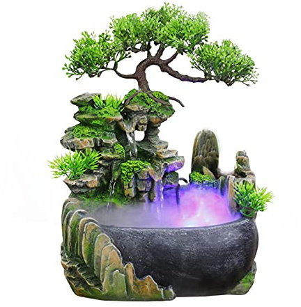iayokocc Fontaine de table, humidificateur de bureau avec rocailles et bonsaï, méditation zen et relaxation, cascade lumineuse pour maison, bureau, chambre à coucher, décoration de bureau