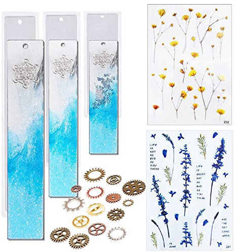 NA Woohome Lot de 6 moules en résine avec Marque-Page et 2 Feuilles de Fleurs séchées en résine époxy