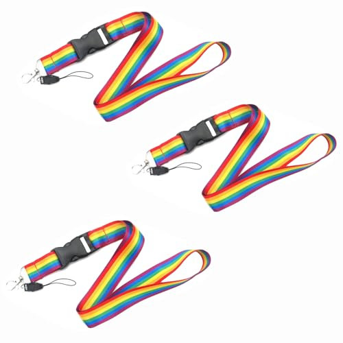 3 Stück Regenbogen-Schlüsselbänder mit abnehmbarer Schnalle, LGBTQ Pride Lanyard Umhängeband mit Edelstahl-Mini-Drehhaken, Mehrzweck für Pfeife, Ausweishalter, Schlüssel, Geldbörse