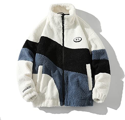 HB1 Veste Polaire Vintage Veste Coupe-Vent Surdimensionnée Manteau Chaud d'hiver Col Montant Décontracté Vêtements D'extérieur pour Hommes,White,L(60kg)