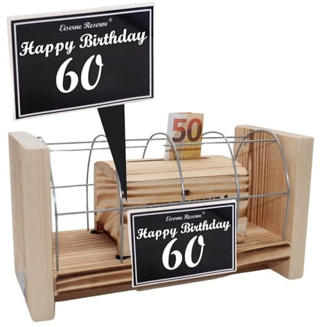 Originelle lustige Geldgeschenke zum 60. Geburtstag Geschenkideen für Männer und Frauen - Eiserne Reserve Gitterbox - Text s/w Happy Birthday 60
