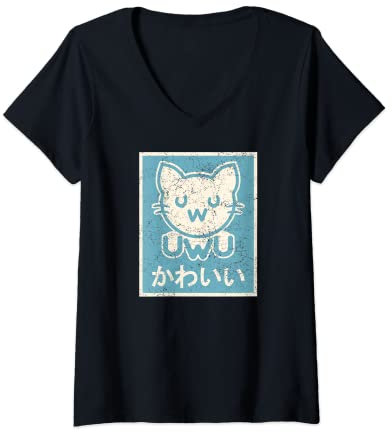 Damen Retro Vintage Japanese UwU Cat Poster - Cute Kawaii Kitten T-Shirt mit V-Ausschnitt