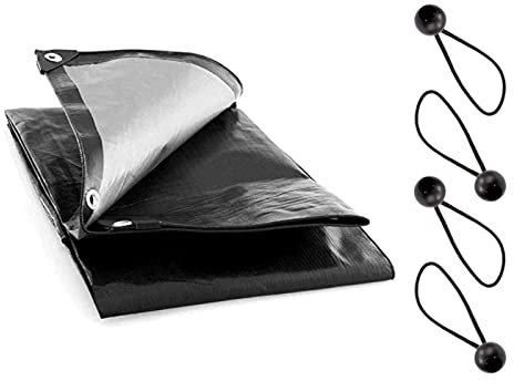 6 x 6 m Heavy-Duty Waterproof Black Tarpaulin 235 GSM with 4 Ball Bungees - Cover with Rubber-Reinforced Corners, Heat-Sealed Seams, Aluminium Grommets - Outdoor Sheet for Camping, Garden, Roof